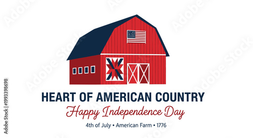 American barn, Independence Day, 4th of July, farm illustration, rustic country scene