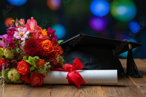 Graduation Cap, Bouquet of Flowers, and Diploma on a Table With Colorful Ligh...