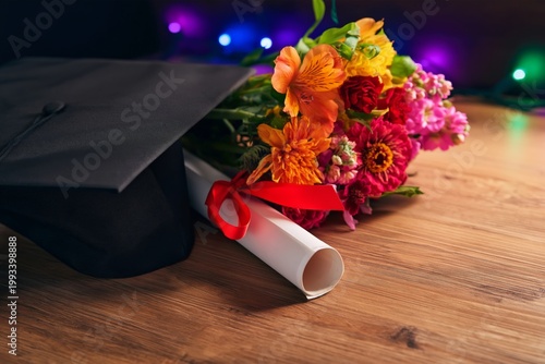 Graduation Cap and Flowers With Diploma on Wooden Table With Colorful Lights ...