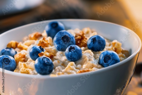 Bowl of Oatmeal Topped With Blueberries and Walnuts on a Wooden Table in the ...