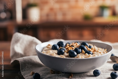 Bowl of Oatmeal With Blueberries and Walnuts on a Table in Morning Light