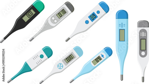 Digital Thermometers Set with Medical Temperature Devices and Healthcare Equipment Illustration