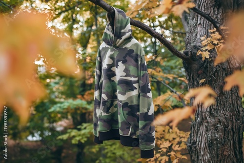 Hoodie Hanging on a Tree Branch in a Forest During Autumn Season
