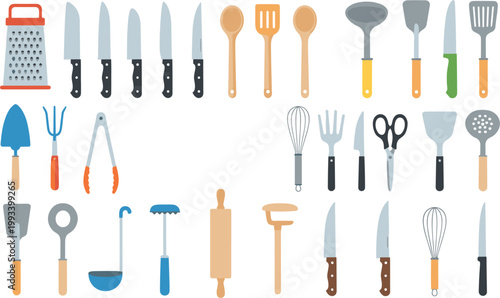 Kitchen Utensils and Cooking Tools Collection with Knives, Whisk, Spatula, and Gadgets Set