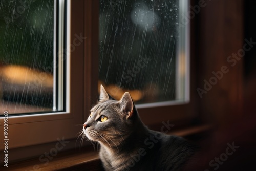 Cat Watches Rain Through Window on a Cloudy Day in Cozy Indoor Space
