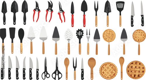 Baking and Gardening Tools Collection with Spatulas, Knives, Shears, and Pie Desserts Set