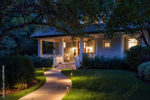 House With Garden Lit at Night Showing Path and Plants in a Quiet Neighborhood