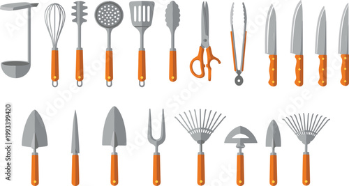 Kitchen and gardening tools set with knives utensils rake shovel and scissors household equipment vector illustration isolated on light background