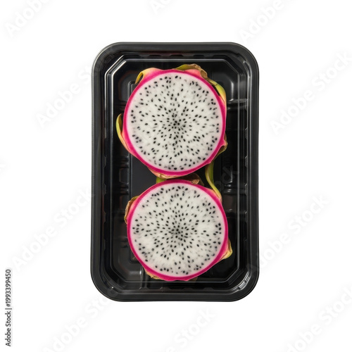 Two halves of fresh white dragon fruit in a black plastic takeaway container, top view isolated on white background