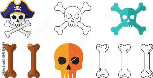 Pirate skull and crossbones icons set with bones and skull symbols colorful and outline variations vector illustration isolated on light background