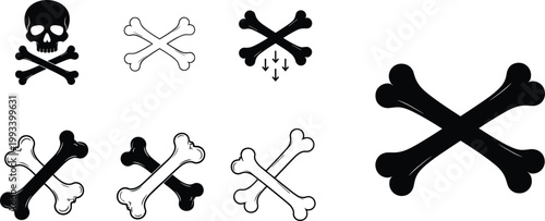 Crossbones symbols set with skull and bones pirate danger icons black and white vector illustration isolated on light background