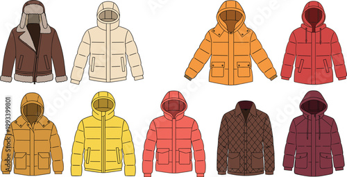 Winter jackets collection with different styles padded hooded coats warm outerwear fashion set vector illustration isolated on light background