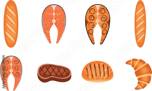 Bakery and seafood food set with bread croissant steak and salmon pieces collection vector illustration isolated on light background