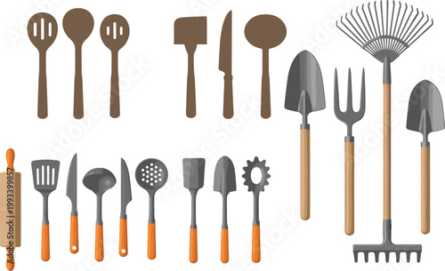 Kitchen and gardening tools set with utensils knives spatula rake shovel and rolling pin vector illustration isolated on light background