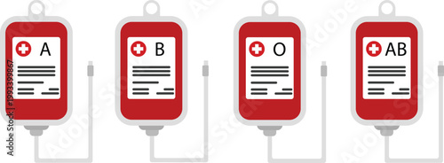 Blood type A, B, O, AB in medical bag illustration. A blood donation bag with tube icon.