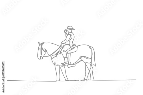 Single line drawing of a person riding a horse rider