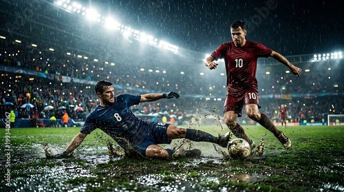 Professional soccer players battle through heavy rain and muddy conditions during an exhilarating night game