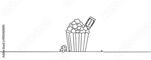 Line art popcorn cup with candy bar and kernels movie