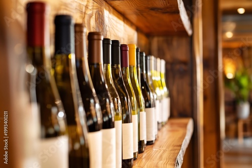 Wine Bottles Lined up on Wooden Shelf in Cozy Bar Setting During Evening Hours