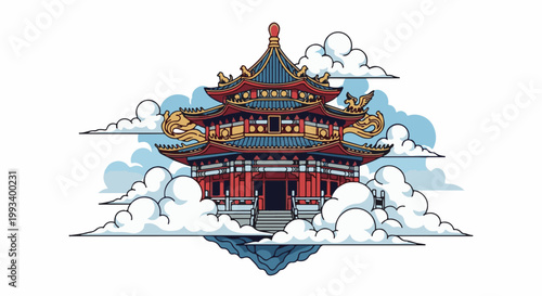 Ornate pagoda structure floats amidst stylized clouds with dragon accents