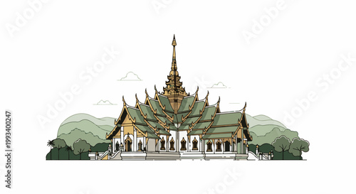 Ornate, multi-tiered building with gilded spire, set against rolling hills and stylized clouds