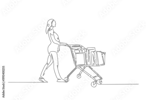 Woman pushing shopping cart with groceries vector