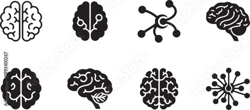 Brain Illustrations and Neurology Icons Set Black