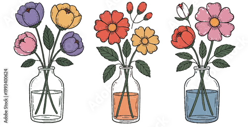 floral bouquets in clear glass vases with bright colors