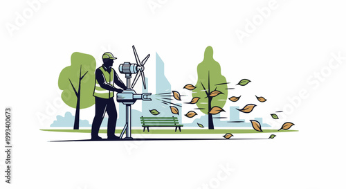 Park worker uses innovative device to blow fallen leaves away