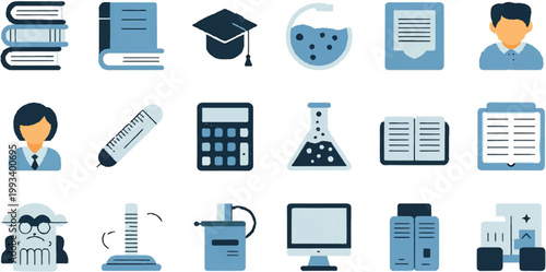 school icons set in blue with books, calculator, and student