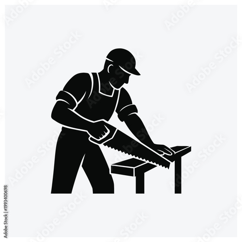 Black silhouette icon of a woodworker operating a handsaw on a workbench.