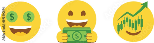 A sequence of three yellow emoji faces depicting increasing financial success and wealth accumulation showing positive economic growth