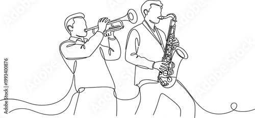 Continuous One Line Drawing of Jazz Musicians Playing Trumpet and Saxophone Live Band Performance Minimal Vector Illustration