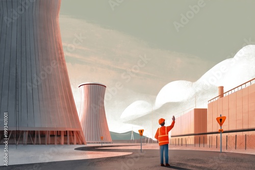 Worker Waves at Cooling Towers at a Power Plant During Late Afternoon in a Ru...