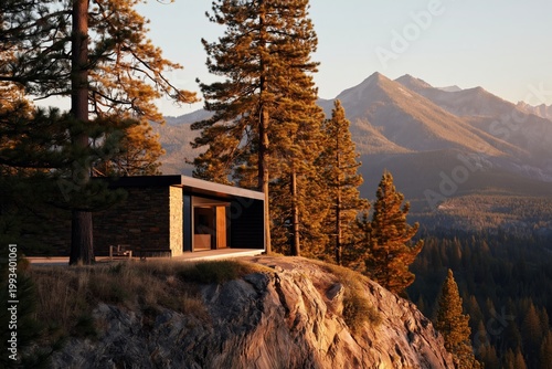 Modern Cabin Sits on a Cliff Surrounded by Tall Trees and Mountains at Sunset