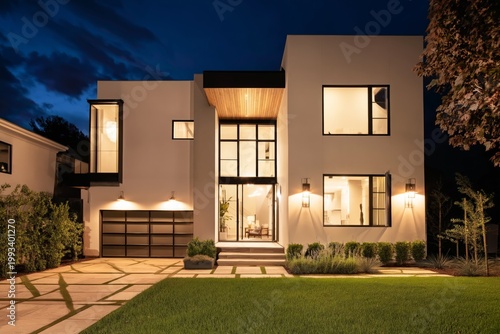 Modern House With Bright Lights in Evening at Residential Area