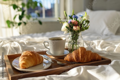 Fresh Croissants and Coffee on a Wooden Tray in a Bright Bedroom With Flowers