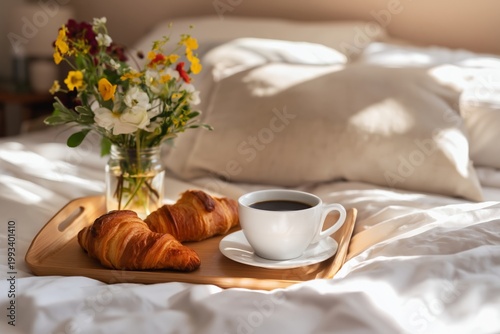 Breakfast Tray With Coffee Croissants and Flowers on a Bed During Morning Hours