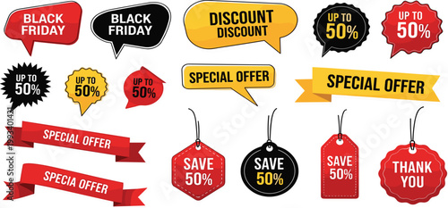Black Friday Sale Label Badge Sticker Tag Set with Discount Offer Save Fifty Percent Promotional Vector Collection