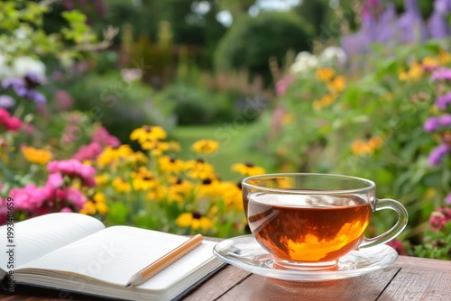 Enjoying Tea and Writing in a Garden Full of Colorful Flowers on a Sunny Afte...