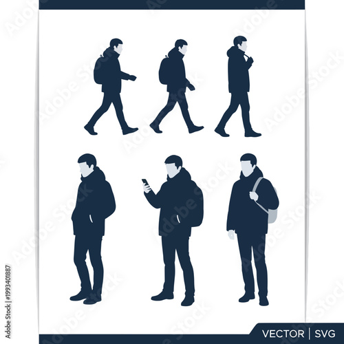 Foto Silhouette men walking and standing with backpacks, vector illustration