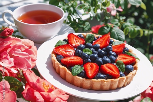 Enjoying Fruit Tart and Tea in a Garden With Blooming Roses on a Sunny Day
