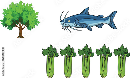 Set of Vector Illustrations Featuring Green Tree, Blue Catfish, and Multiple Celery Stalks for Nature, Agriculture, Food, and Botanical Design Projects