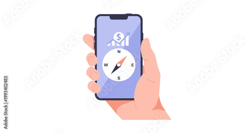 Hand Holding Smartphone with Navigation App and Compass Display