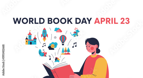 World Book Day, reading, book lover, literacy, education icons, April 23