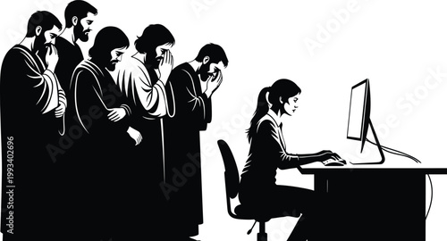 Businesswoman Working on Computer while Men Wait in Line