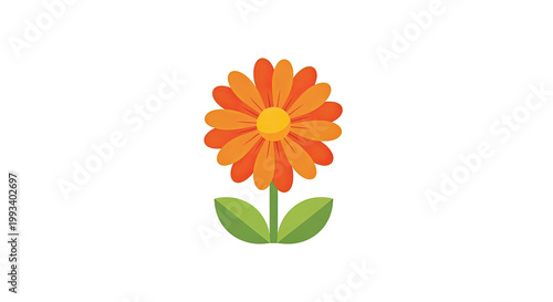 A vibrant orange flower with a yellow center, green stem, and leaves against a stark black background