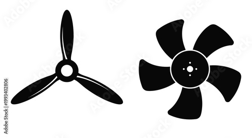 Two black fan blades shown in a stark graphic silhouette