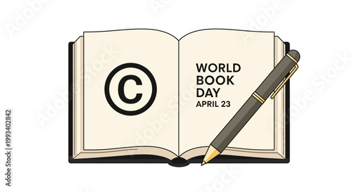 World Book Day, copyright symbol, pen on open book, April 23, literary celebration