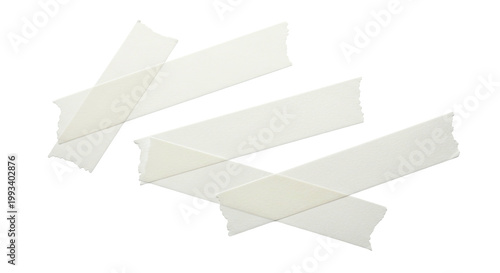 Several off-white, torn paper strips intersect against a solid black background